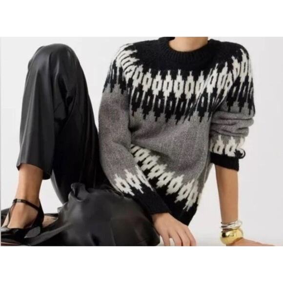 J.Crew Women Fair Isle Wool Alpaca Blend Sweater Gray Black White Nordic Sz M - Picture 6 of 16